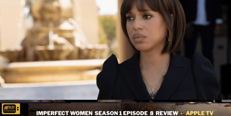 Woman in a dark blazer looks to the side in an outdoor setting; a promotional banner for 'Imperfect Women' at the bottom.