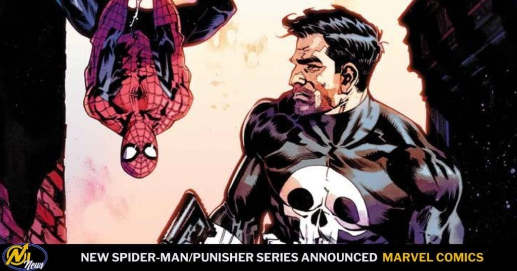 Spiderman hangs upside down beside Punisher, who wears a black suit with a white skull emblem, in a comic-style splash page announcing a Marvel series banner at the bottom.