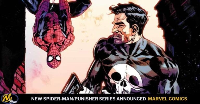 Spiderman hangs upside down beside Punisher, who wears a black suit with a white skull emblem, in a comic-style splash page announcing a Marvel series banner at the bottom.