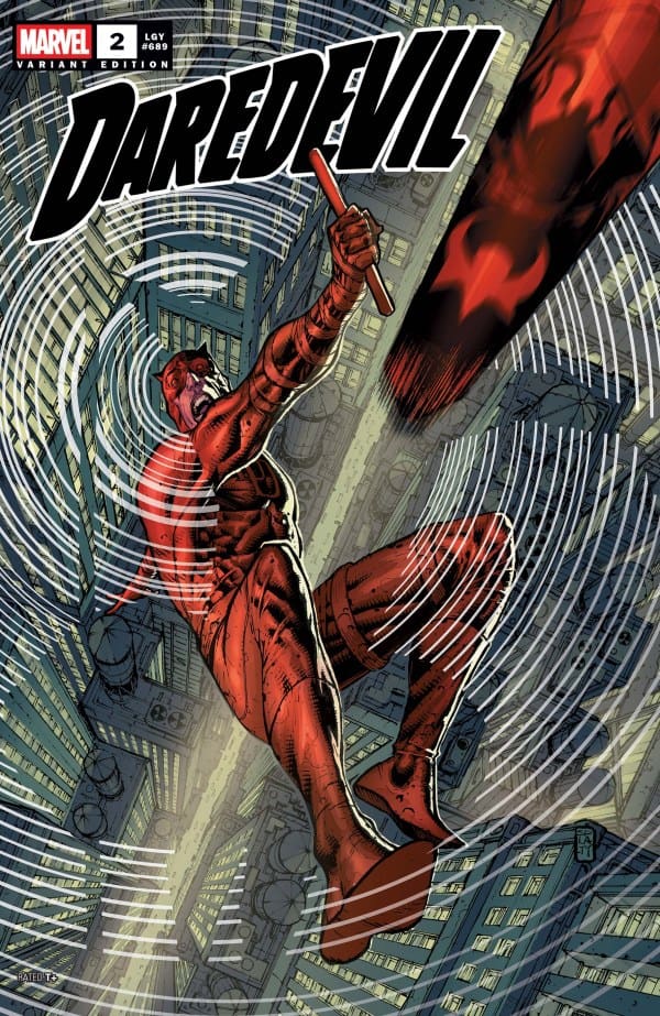 Daredevil in red suit swinging through a city street with a baton in hand, title 'Daredevil' at top.