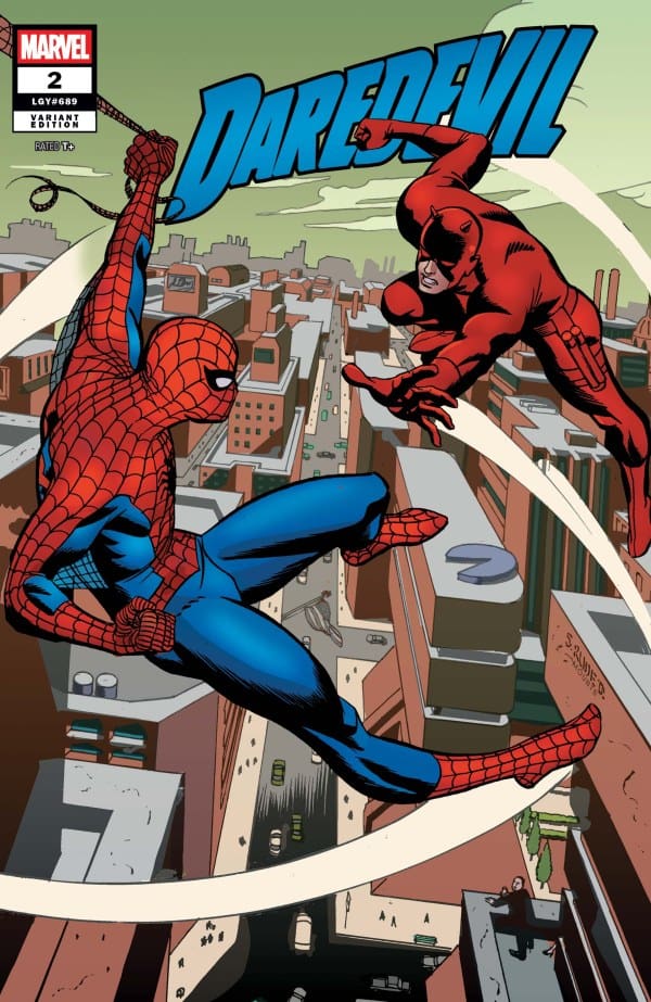 Spider-Man and Daredevil clash midair above a city skyline on a Marvel comic cover.