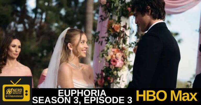 Bride in a white wedding dress and veil smiles at a groom in a black suit beneath a flower arch; HBO Max thumbnail banner at bottom shows 'Euphoria' and 'Season 3' text.