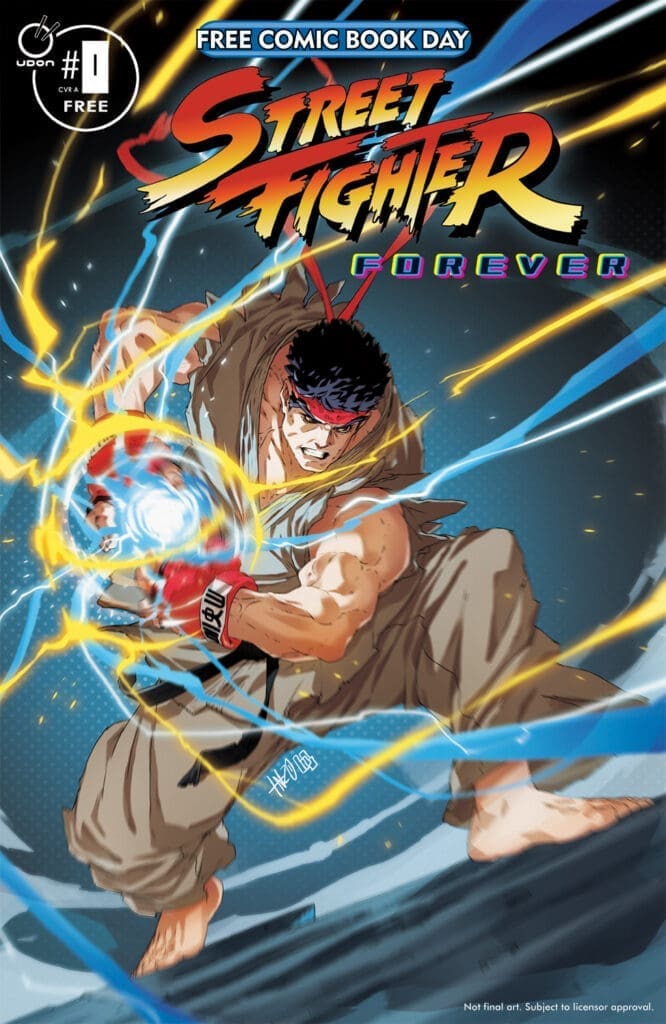 Street Fighter Forever cover: Ryu in a fighting pose unleashes a glowing energy blast with colorful lightning, Free Comic Book Day banner above.