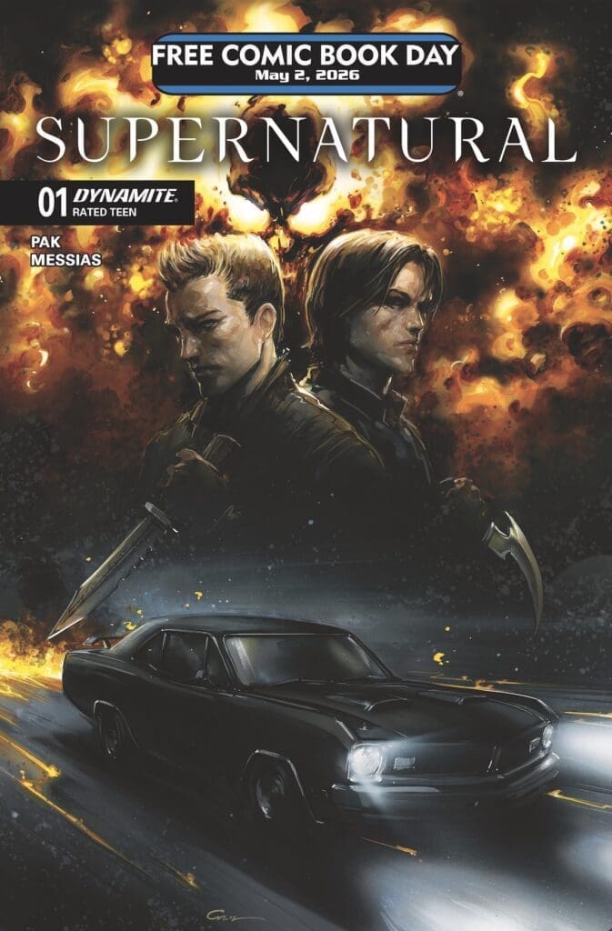 Promotional cover for Supernatural: two armed protagonists back-to-back, a sleek black car, and blazing background on Free Comic Book Day 2026.