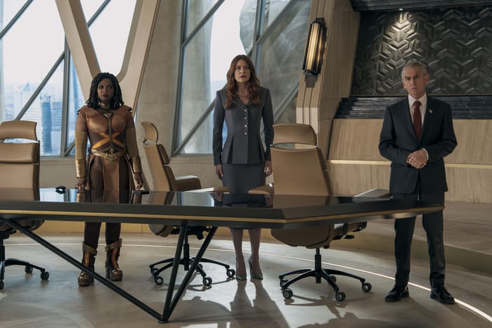 Susan Heyward (Sister Sage), Colby Minifie (Ashley Barrett), David Andrews (Steven Calhoun) in The Boys season 5. Photo Credit: Jasper Savage/Prime Video Copyright: © Amazon Content Services LLC