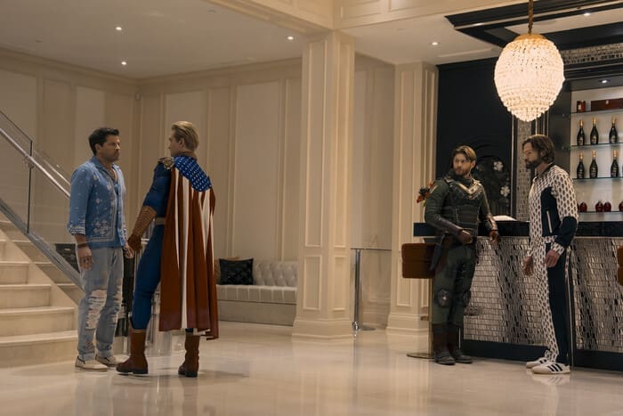 Misha Collins (Malchemical), Antony Starr (Homelander), Jensen Ackles (Soldier Boy), Jared Padalecki (Mister Marathon) Photo Credit: Jasper Savage/Prime Copyright: © Amazon Content Services LLC