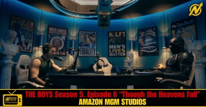 Two hosts record a podcast in a blue-lit studio with vintage posters on the walls and a bold banner at the bottom announcing The Boys Season 5 on Amazon MGM Studios.