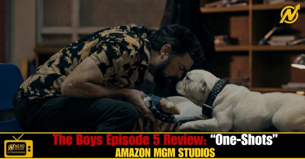 Man with a patterned shirt leans over a white bulldog, touching noses in a cozy room with shelves in the background; a video thumbnail banner at the bottom reads 'The Boys Episode 5 Review: One-Shots'.