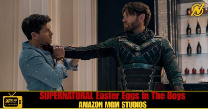 Man in a green armored suit grips a man in a light blue shirt by the collar in a hallway, with a bold promotional banner at the bottom reading 'SUPERNATURAL Easter Eggs in The Boys' and 'AMAZON MGM STUDIOS'.