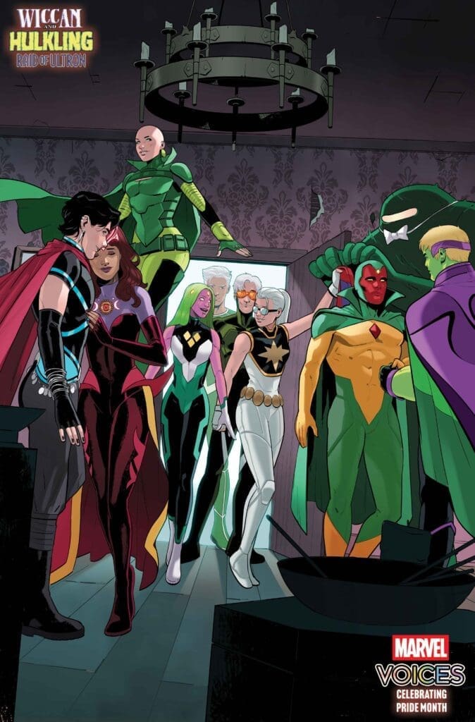A group of diverse superheroes in colorful costumes gathers in a dim room, posing together for a Marvel Voices Pride Month scene.