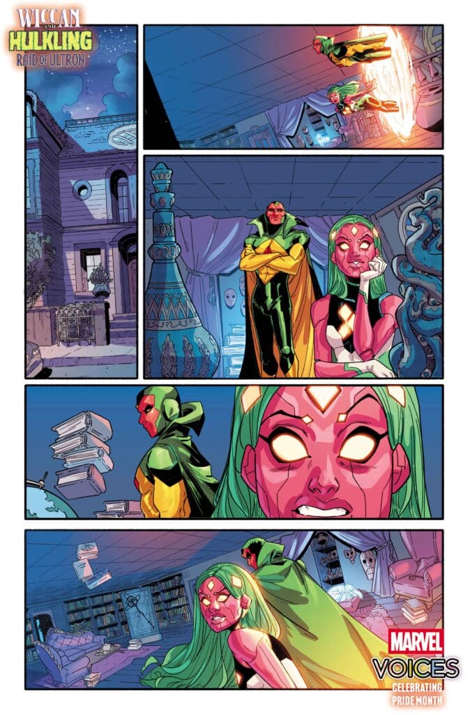 Comic book page: Wiccan and Hulkling fly through a fiery portal toward a mansion interior, night sky above. They appear to confront a pink-skinned villainess in a purple-lit room.
