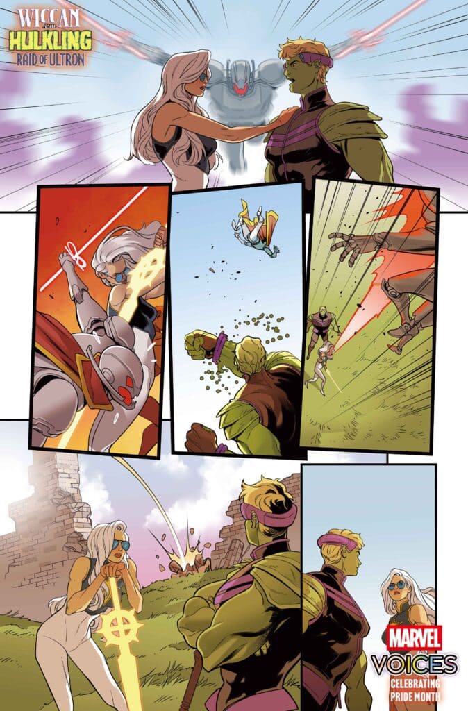 Wiccan and Hulkling stand face-to-face with a looming foe behind them; three inset panels below show combat moves.