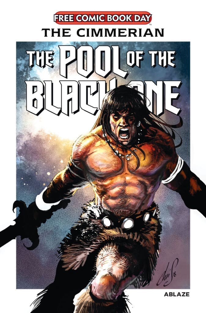 Cover art for Free Comic Book Day: a muscular barbarian charges forward in a fur skirt, with bold title 'The Pool of the Black One'.