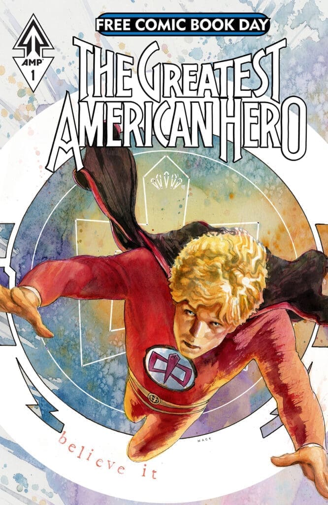 Cover art for Free Comic Book Day: The Greatest American Hero, showing a blond superhero in a red suit flying toward the viewer against a colorful circular background.