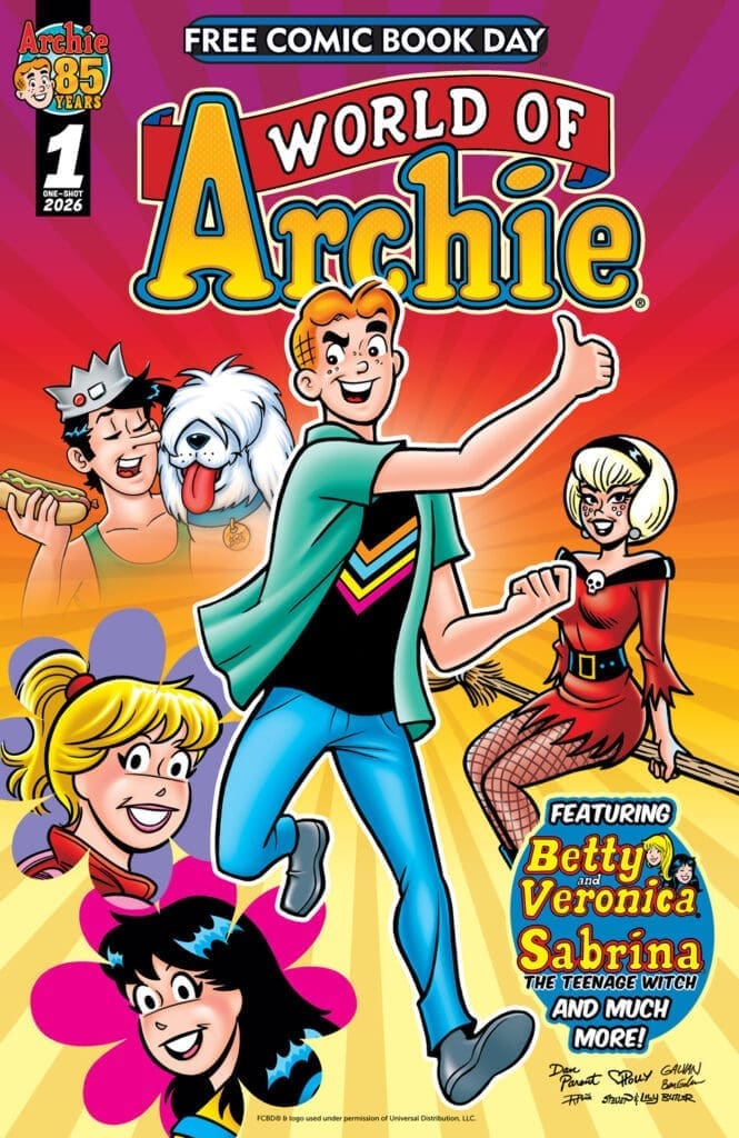 Colorful Archie comic book cover advertising Free Comic Book Day with Archie center stage and supporting characters around him.