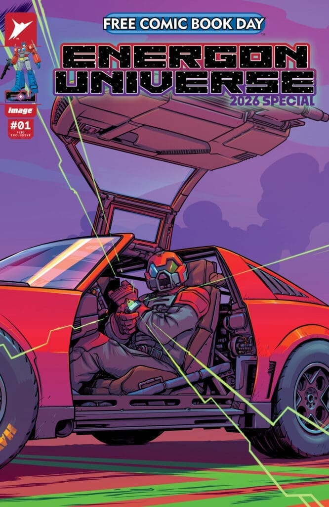 Comic book cover for Energon Universe 2026 Special, featuring a red sports car with a helmeted driver inside and neon laser lines in a purple sky.