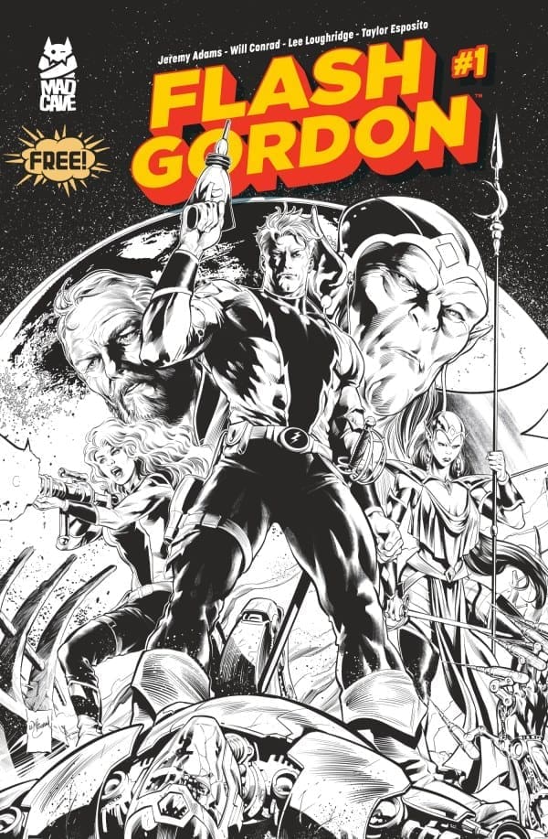 Comic cover for Flash Gordon #1: central hero raises a blaster, flanked by allies on a moonscape with the bold 'FLASH GORDON' title above.