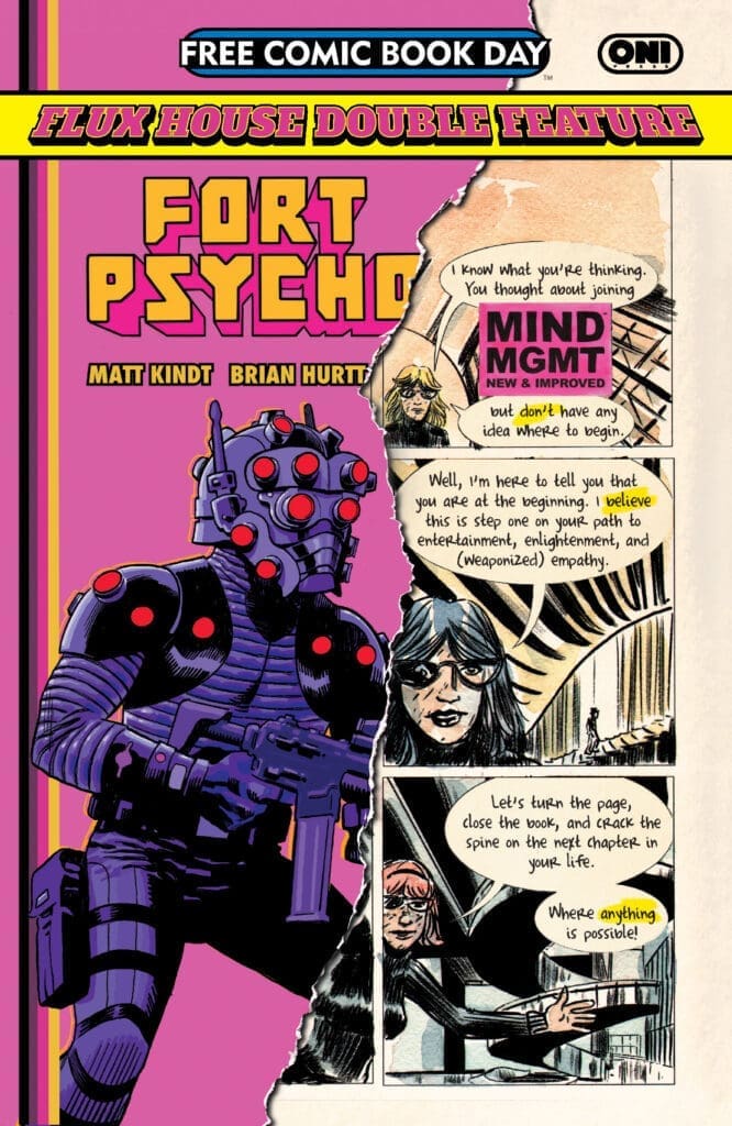 Comic book cover collage: a large purple armored robot on a bright pink background with torn panels and the title 'Fort Psyche'.