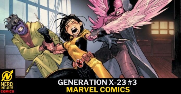 Action-packed Marvel panel: a yellow-suited female superhero struggles with a pink-winged foe as a purple villain attacks from the left, indoors. Also includes bottom banner text.
