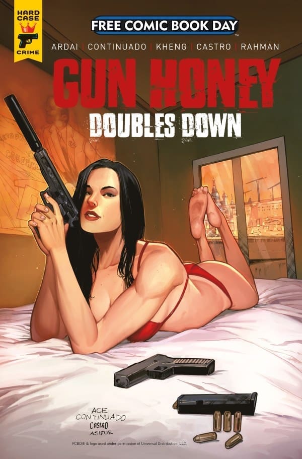 Comic book cover for Gun Honey: Doubles Down featuring a woman in a red bikini lying on a bed, aiming a pistol with two handguns and ammo visible on the sheet nearby.