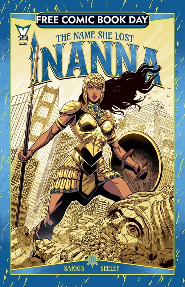 Comic cover: armored female warrior in gold, spear in one hand, shield raised, standing amid ruins; title The Name She Lost above her.