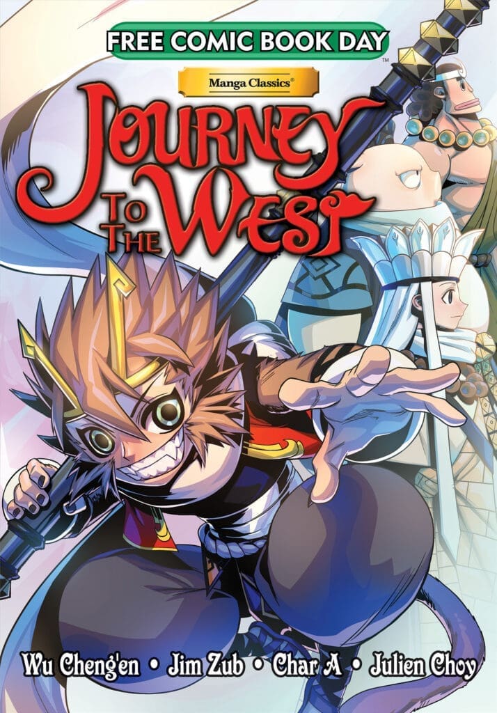 Cover art for Journey to the West graphic novel with a forward-reaching, spiky-haired hero in the foreground, colorful background characters, and 'Free Comic Book Day' banner at top.