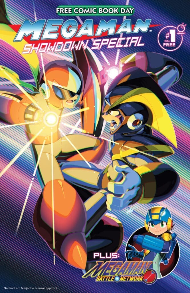 Dynamic Mega Man Showdown Special poster: two armored fighters clash with energy blasts, over vibrant neon lines and a Free Comic Book Day banner at top.
