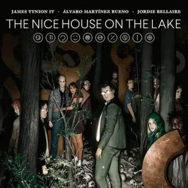 Poster for The Nice House on the Lake: a group of people stands in a dark forest with the title at the top.