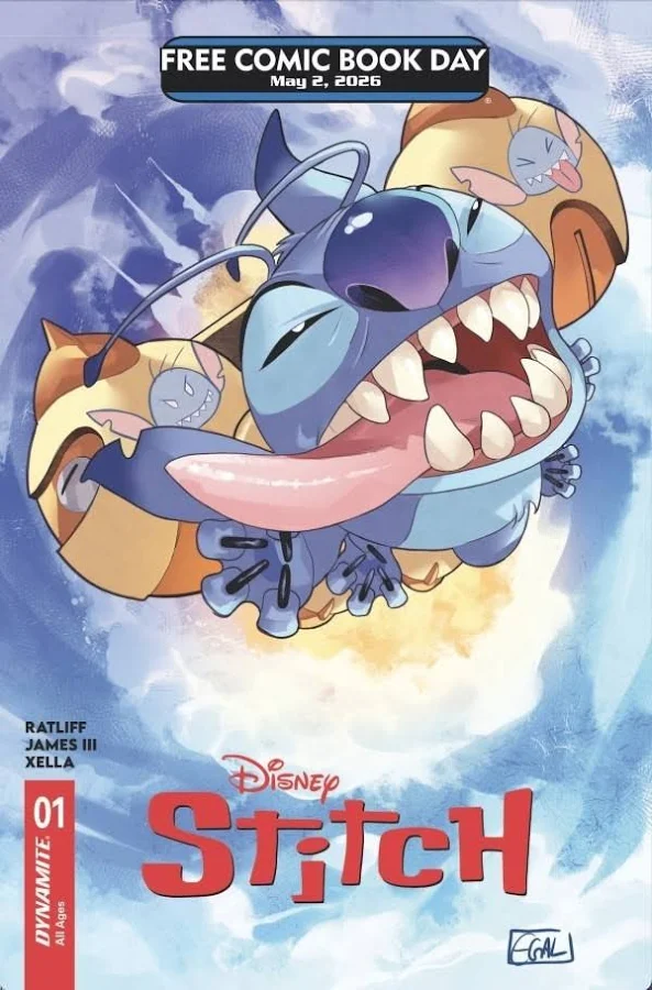 Cover art for Disney's Stitch Free Comic Book Day issue, featuring Stitch grinning with large teeth, flying among orange alien creatures against a blue sky with the red title 'Stitch' at the bottom.