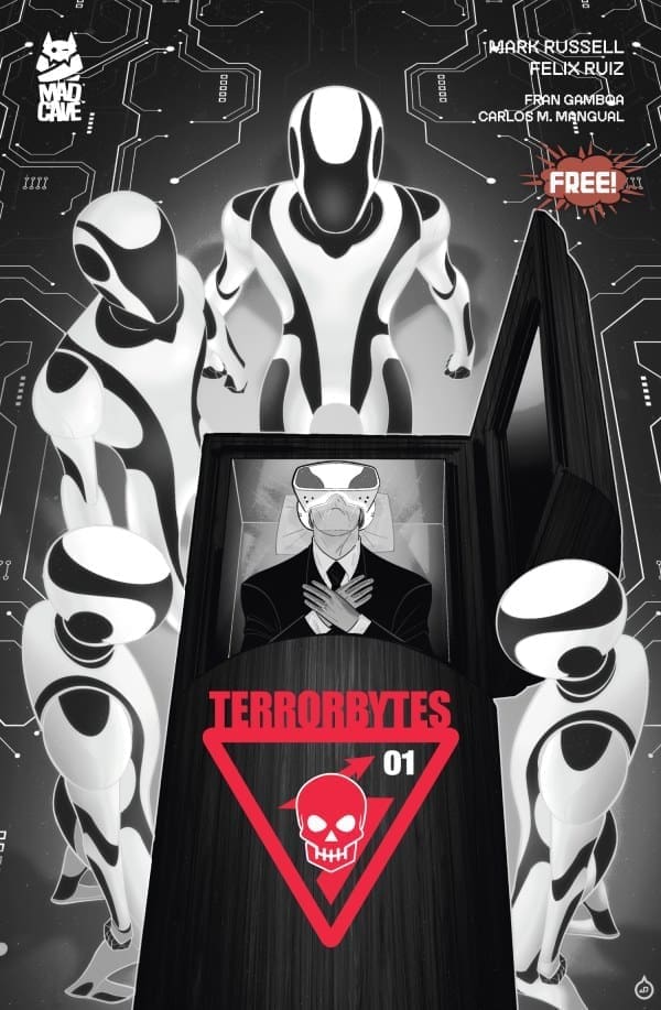 Futuristic white robots loom over a coffin-shaped podium with a suited man inside; a red triangular skull emblem reads 'TERRORBYTES 01' in the foreground.
