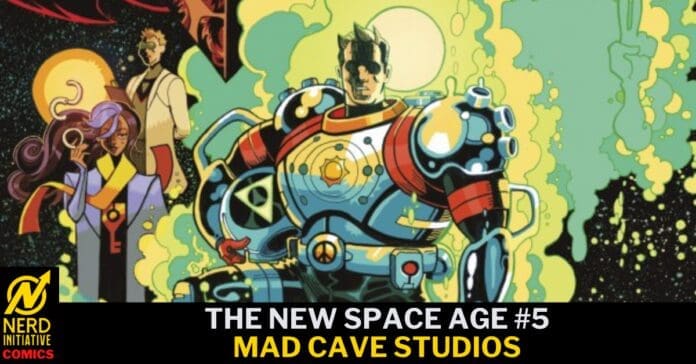 Promo cover: armored space hero with neon armor, a purple-haired woman, and a space-themed background; 'The New Space Age #5' Mad Cave Studios.