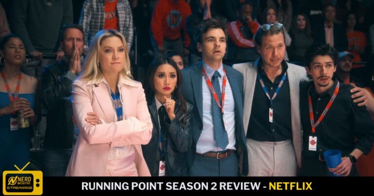 Group of five people in business-casual attire posing together at an event, with a streaming-episode banner reading 'RUNNING POINT SEASON 2 REVIEW - NETFLIX' at the bottom.