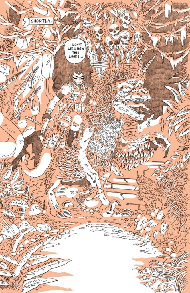 A knight rides a shaggy dragon through a surreal, skull-filled jungle; speech bubble says, "I don't like how this looks..." and a caption reads "Shortly."