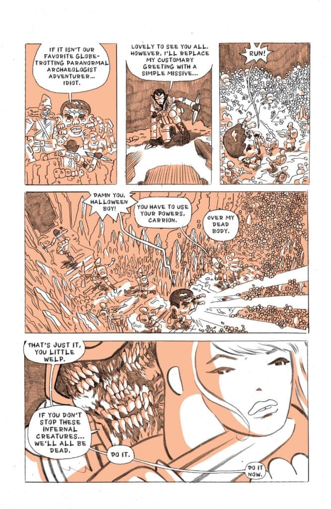 Comic page with five pink-toned panels: villagers and explorers in a cavern, a confrontation with a rugged warrior, a chaotic escape, then a close-up of a woman’s face as dramatic dialogue unfolds; the dialogue includes threats and a command to 'Do it now'.
