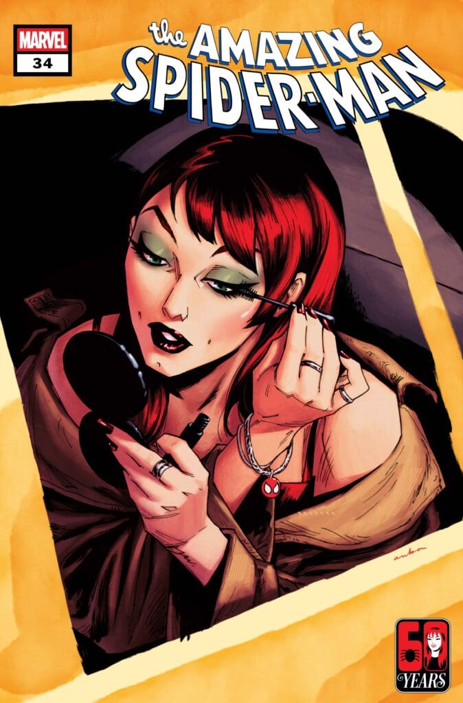 Comic book cover of The Amazing Spider-Man #34 showing a glamorous red-haired woman applying lipstick in a recording studio, Marvel logo in corner.