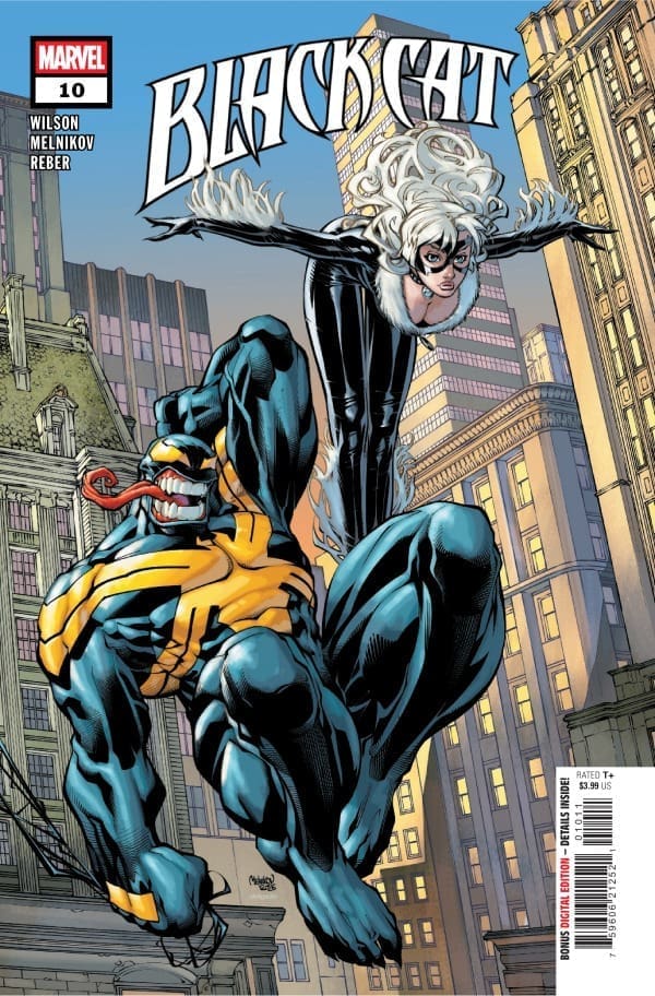 Comic book cover: Black Cat leaps between skyscrapers toward a blue-and-yellow muscular foe in an urban skyline, Marvel logo visible.
