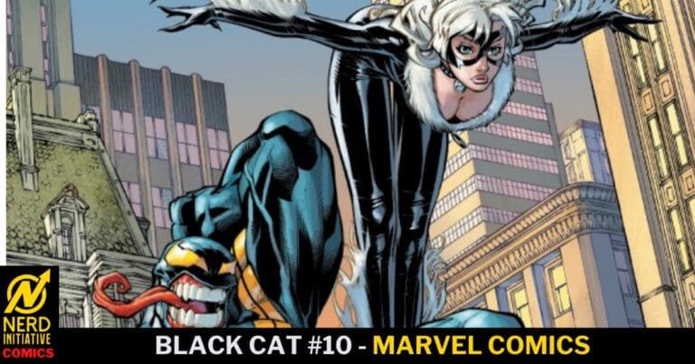 Comic book cover-style illustration: Black Cat leaps over a snarling villain in a city setting, with the Marvel title text 'BLACK CAT #10 - MARVEL COMICS' along the bottom and a Nerd Initiative Comics logo in the lower-left corner.