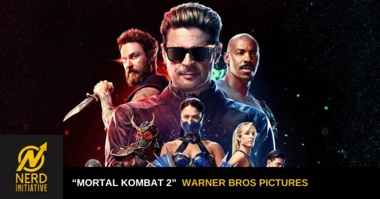 Mortal Kombat 2 promotional poster with a central hero wearing sunglasses and a group of fighters against a dark starry background, title at the bottom.