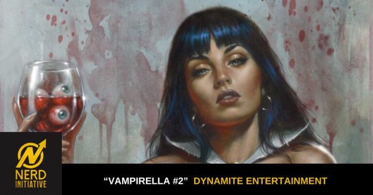 Portrait of a woman with blue-dyed hair holding a wine glass containing eyeballs; promotional art for Vampirella #2 by Dynamite Entertainment with Nerd Initiative branding at the bottom left.