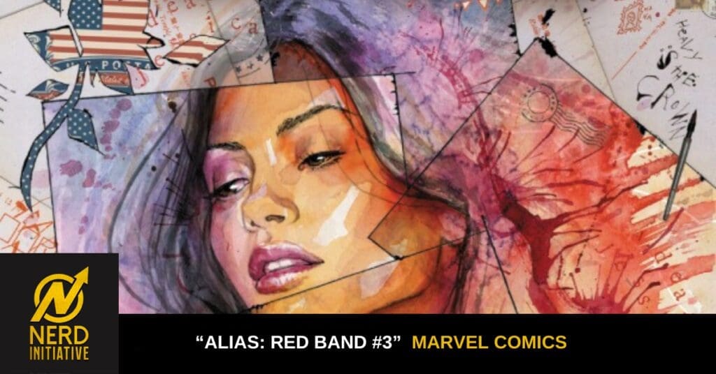 Colorful collage portrait of a woman with geometric shapes and brushstrokes, framed by a black caption bar showing 'Alias: Red Band #3' and 'Marvel Comics', plus a Nerd Initiative logo in the corner.