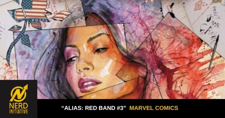 Colorful collage portrait of a woman with geometric shapes and brushstrokes, framed by a black caption bar showing 'Alias: Red Band #3' and 'Marvel Comics', plus a Nerd Initiative logo in the corner.