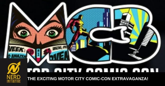 Colorful comic-book style logo for Motor City Comic-Con Extravaganza with bold letters, cityscape and superhero figure; caption reads 'THE EXCITING MOTOR CITY COMIC-CON EXTRAVAGANZA!'