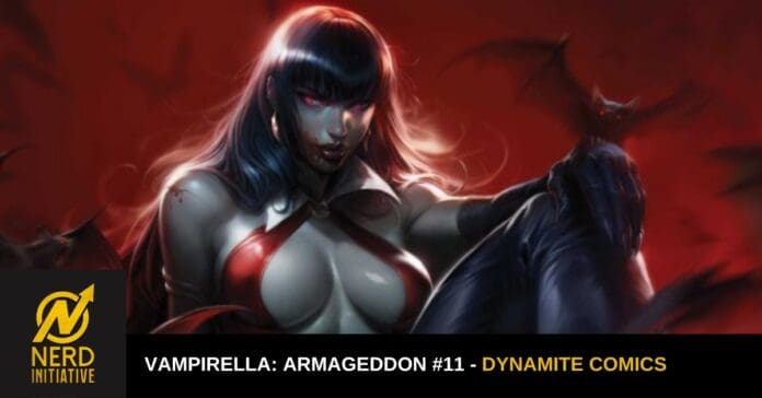 Vampirella-inspired female character with dark hair and red outfit, bat wings in a red-tinged background, banner shows 'Vampirella: Armageddon #11' by Dynamite Comics and Nerd Initiative logo.