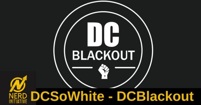 DC Blackout logo on a dark background, featuring the circular emblem, the words 'DC' and 'BLACKOUT' and a raised fist icon beneath.