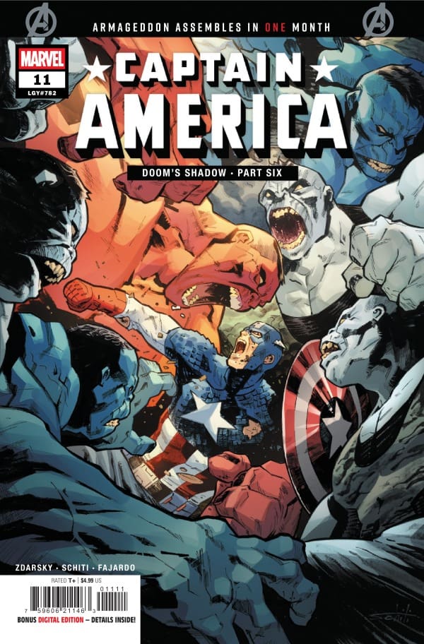 Captain America comic cover showing the hero in the center fighting multiple enemies in a chaotic, action-packed scene with bold title text above.