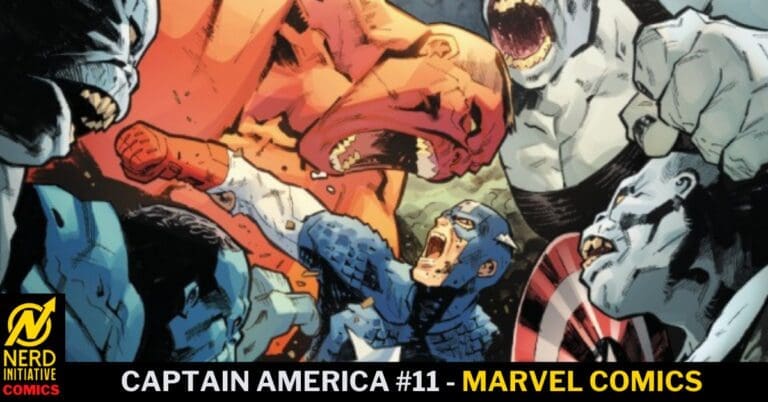 Comic book cover: Captain America #11 showing a chaotic battle among superheroes, with a central red-clad fighter and several others in blue and white outfits; Nerd Initiative Comics logo bottom left.