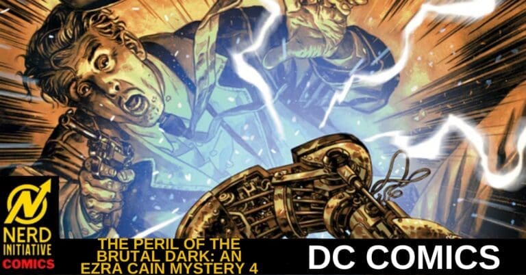 Comic book cover: terrified man in a 1940s suit fires a pistol at a mangled steampunk robot arm as orange energy bursts behind him.
