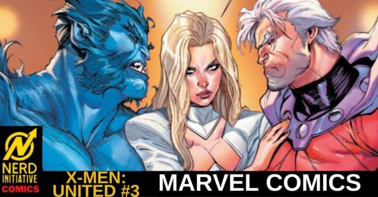 Marvel Comics cover art: Beast (blue), a blonde woman in white, and a stern armored man, with 'X-MEN: UNITED #3' text at the bottom.