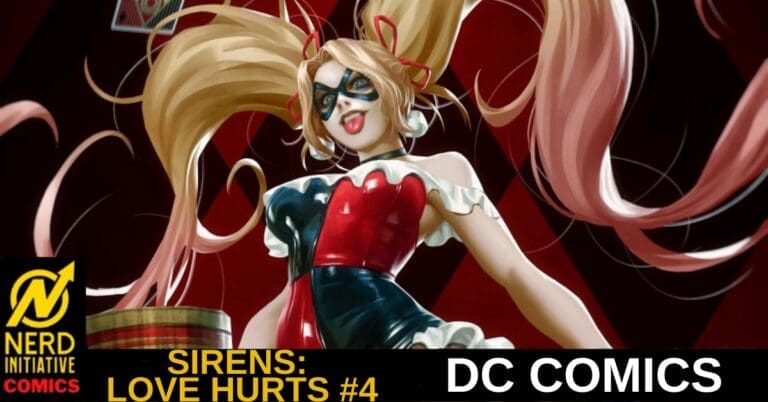 Harley Quinn–inspired female superhero in a red and blue corset with a black mask, long two-tone hair, posed on a DC Comics banner for Sirens: Love Hurts #4.