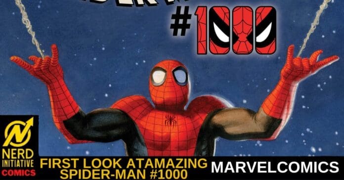Spider-Man swinging with arms outstretched against a blue background; headline reads 'First Look Amazing Spider-Man #1000' with Marvel Comics branding and Nerd Initiative Comics logo bottom-left.